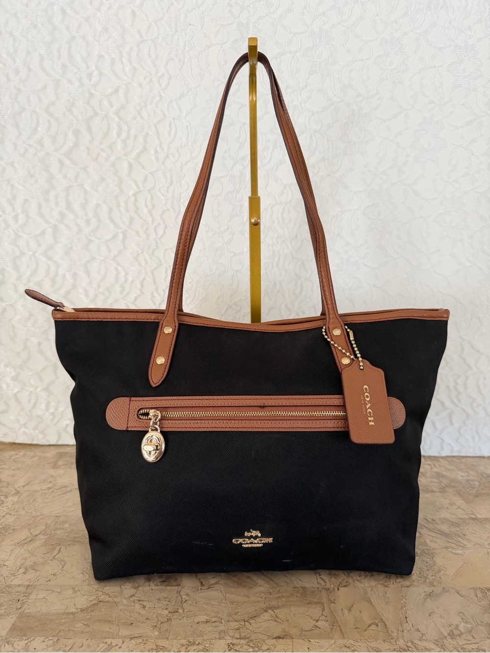 COACH Sawyer Black Tote black cotton with Brown Leather Trim and Front Zip - Picture 10 of 10
